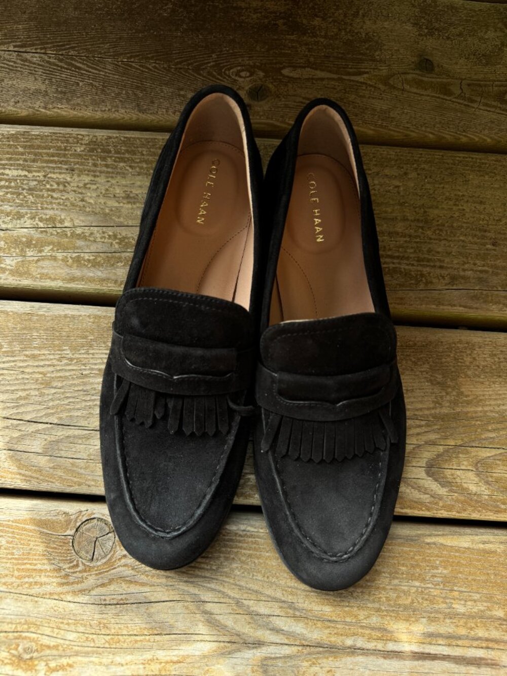 Cole Haan Black Nubuck Stassi Kiltie Fringe Slip On Loafer in Women's 10B - Picture 12 of 14
